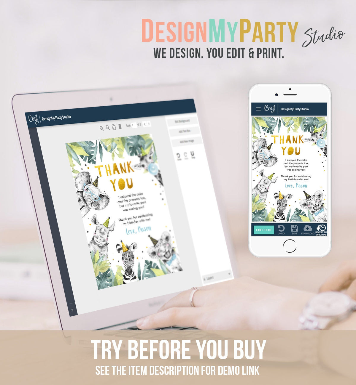 Editable Thank You Card Safari Animal Wild One Two Wild Thank You Note Boy Blue Gold Jungle Zoo Party Animal Digital Template Printable 0322