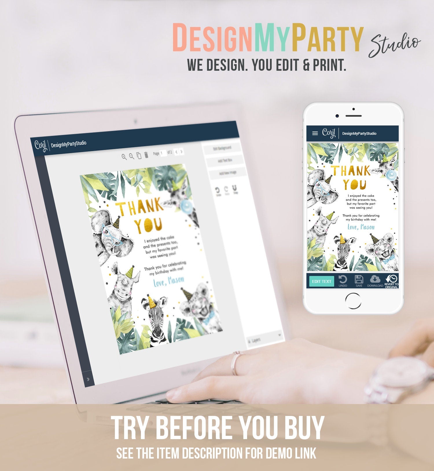 Editable Thank You Card Safari Animal Wild One Two Wild Thank You Note Boy Blue Gold Jungle Zoo Party Animal Digital Template Printable 0322