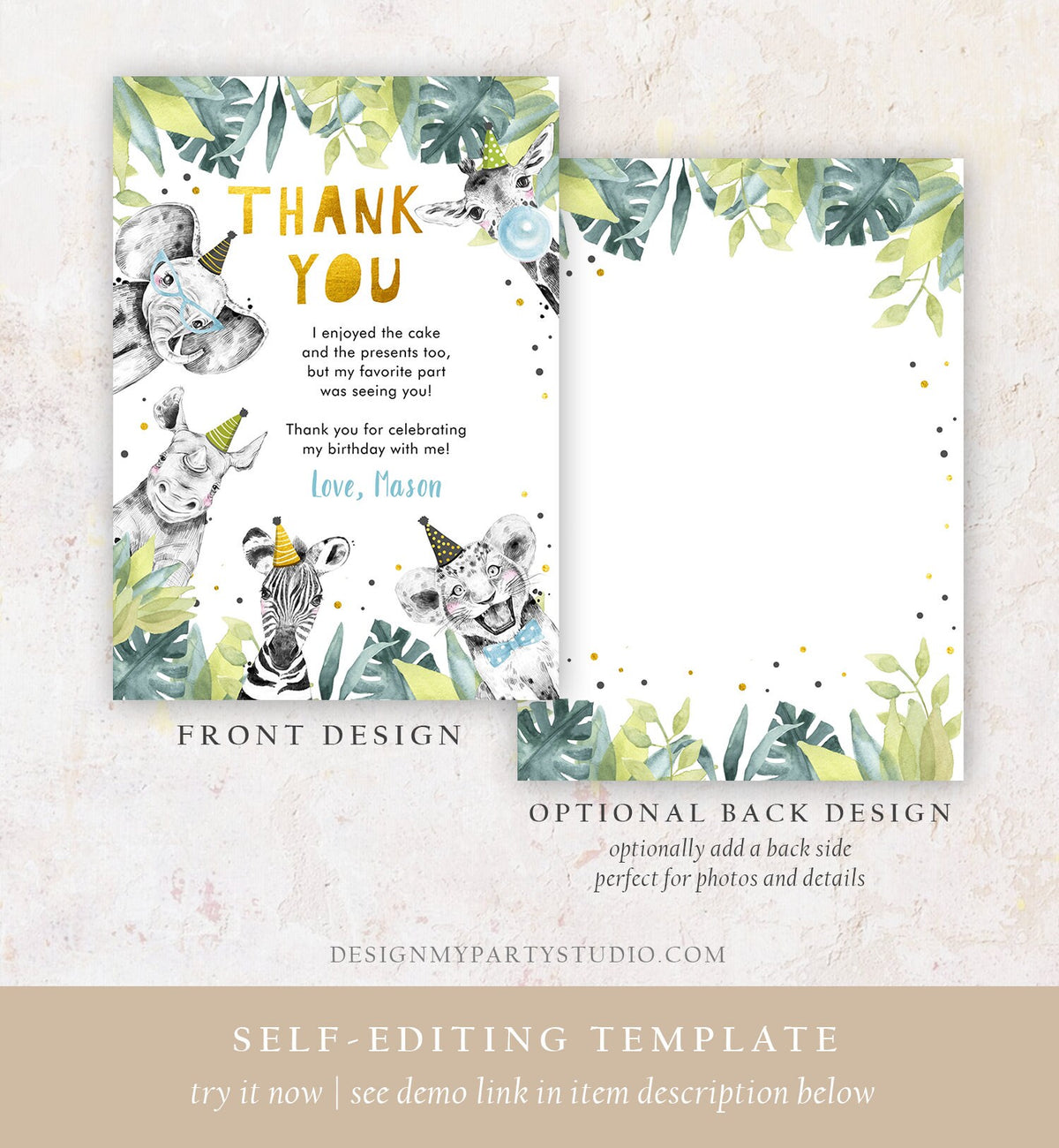 Editable Thank You Card Safari Animal Wild One Two Wild Thank You Note Boy Blue Gold Jungle Zoo Party Animal Digital Template Printable 0322