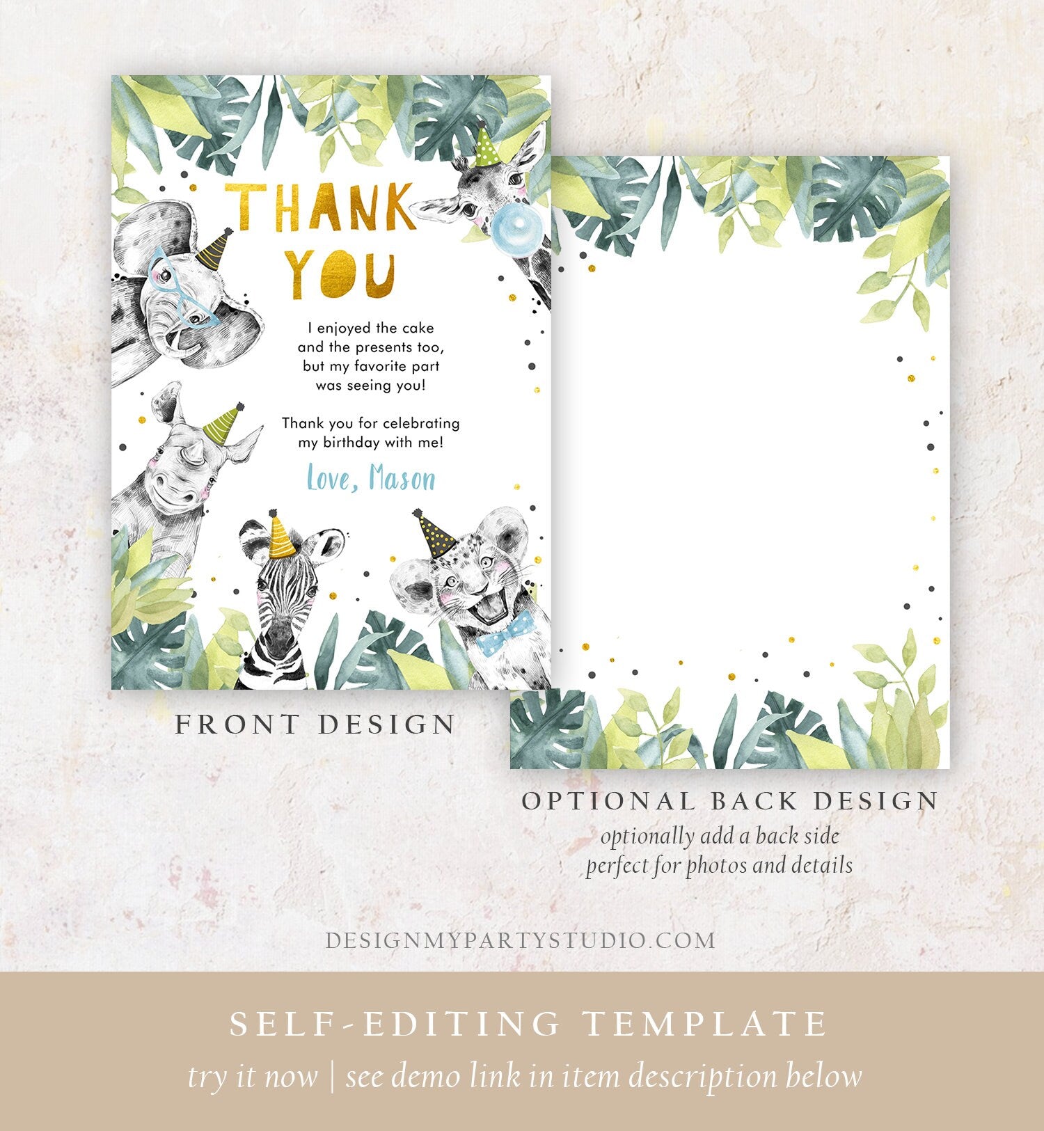 Editable Thank You Card Safari Animal Wild One Two Wild Thank You Note Boy Blue Gold Jungle Zoo Party Animal Digital Template Printable 0322