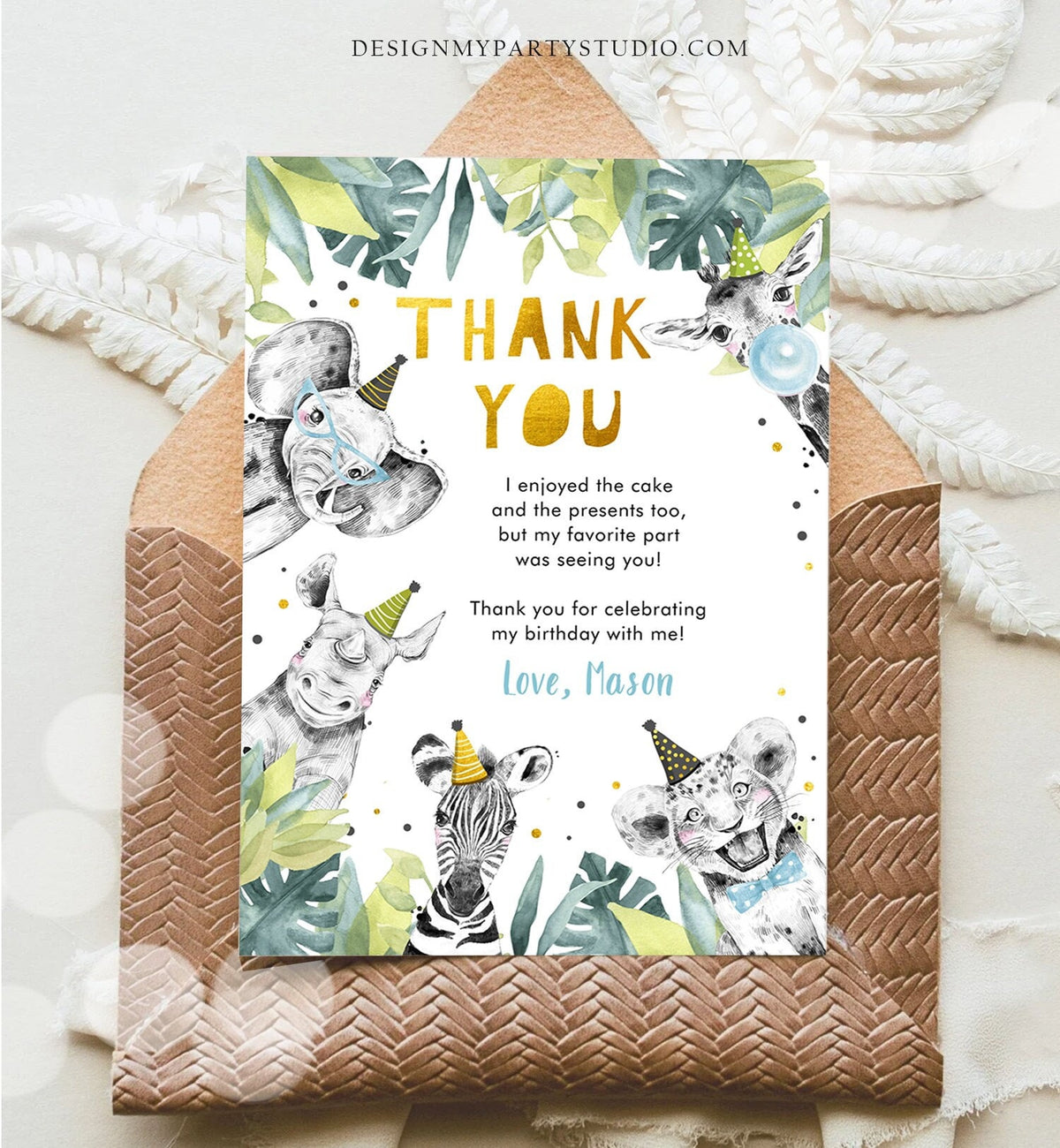 Editable Thank You Card Safari Animal Wild One Two Wild Thank You Note Boy Blue Gold Jungle Zoo Party Animal Digital Template Printable 0322