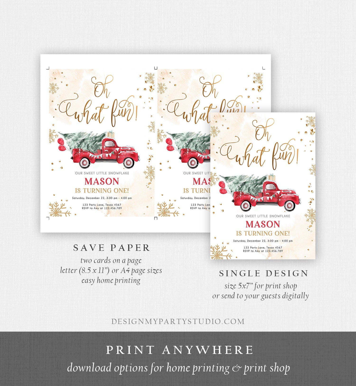 Editable Oh What Fun! Holiday 1st Winter Birthday Invitation Winter Truck Boy Christmas Party Red Truck Gold Digital Template Printable 0495