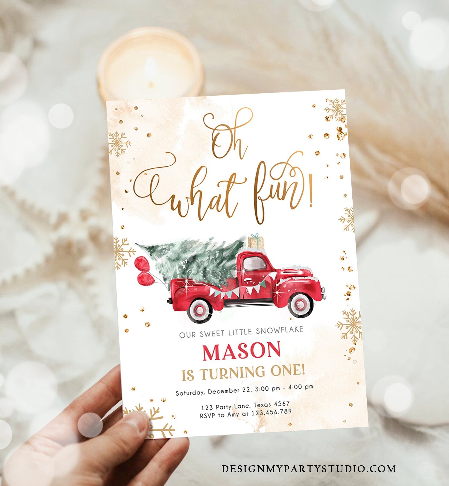 Editable Oh What Fun! Holiday 1st Winter Birthday Invitation Winter Truck Boy Christmas Party Red Truck Gold Digital Template Printable 0495