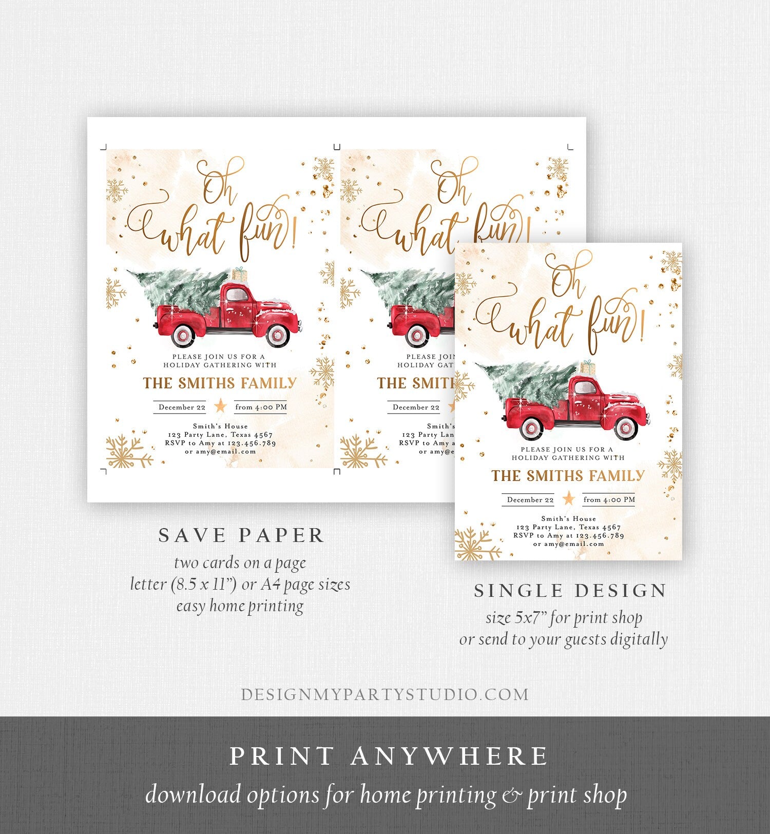Editable Oh What Fun! Holiday Party Christmas Party Invitation Red Truck Tree Winter Birthday Personalized Printable Template Corjl 0495