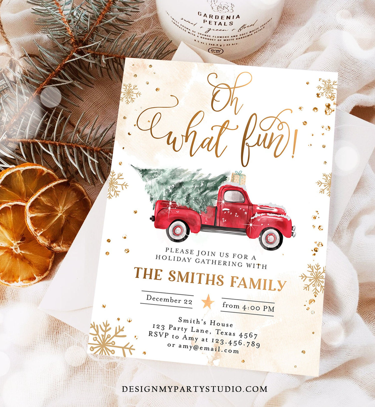 Editable Oh What Fun! Holiday Party Christmas Party Invitation Red Truck Tree Winter Birthday Personalized Printable Template Corjl 0495