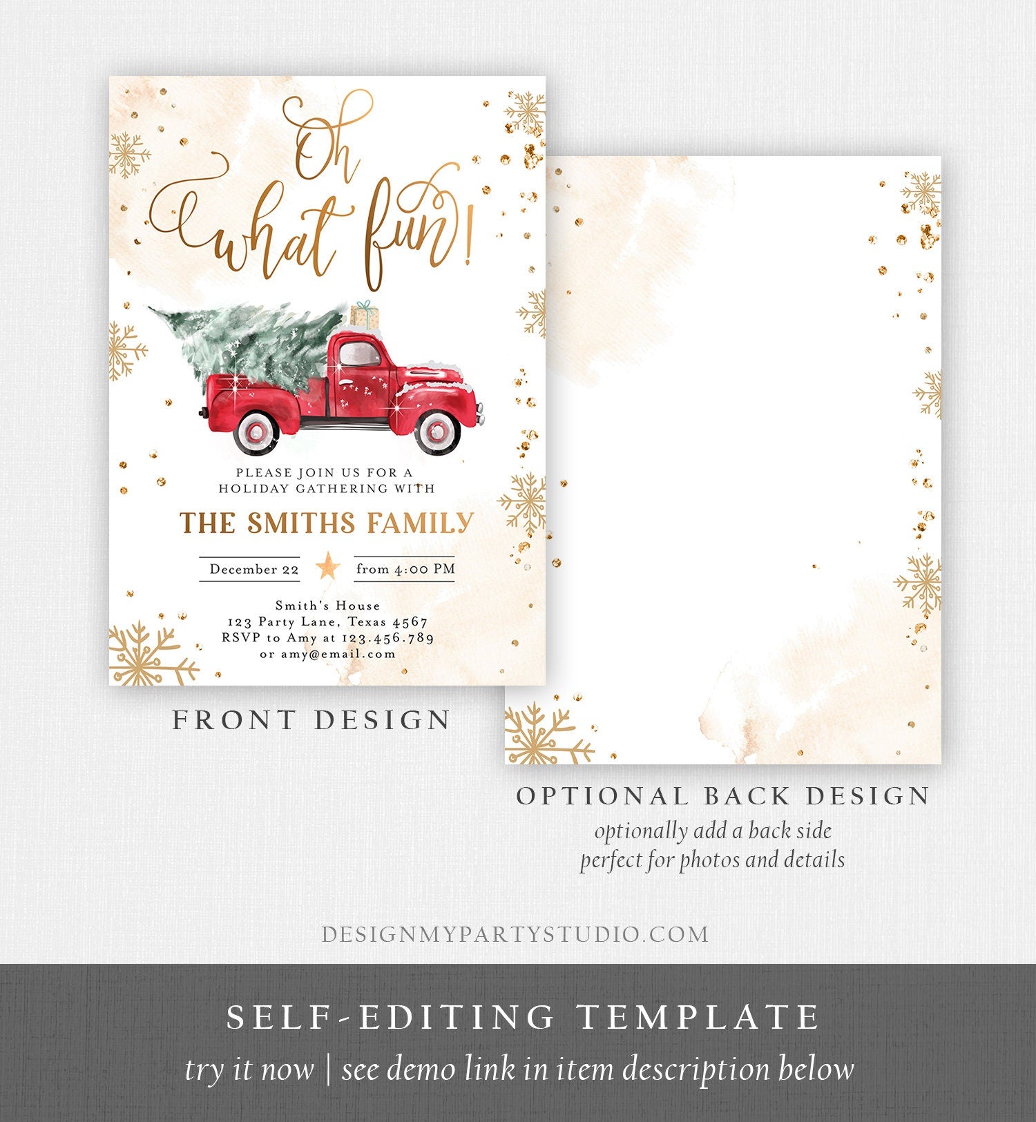 Editable Oh What Fun! Holiday Party Christmas Party Invitation Red Truck Tree Winter Birthday Personalized Printable Template Corjl 0495