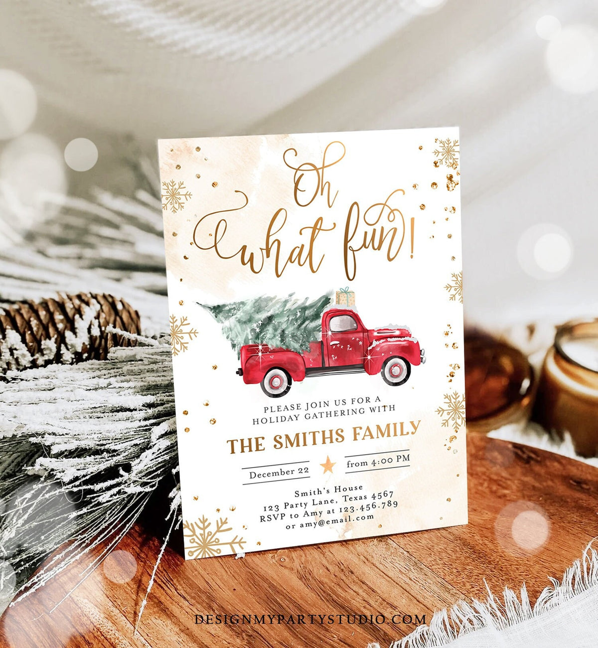 Editable Oh What Fun! Holiday Party Christmas Party Invitation Red Truck Tree Winter Birthday Personalized Printable Template Corjl 0495