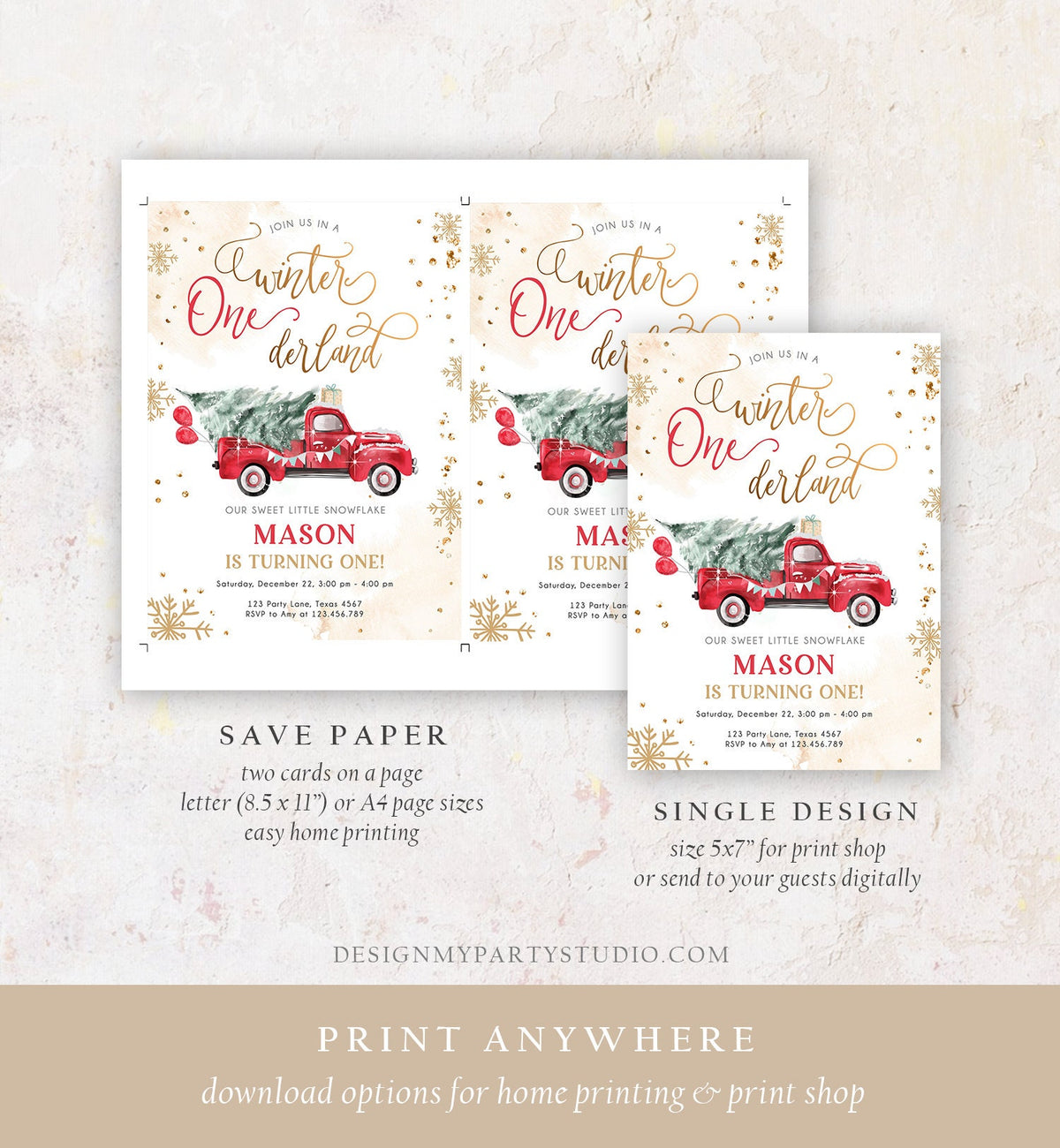 Editable Winter Onederland First Birthday Invitation Red Truck Christmas Winter Gold Boy Minimalist Digital Download Template Printable 0495