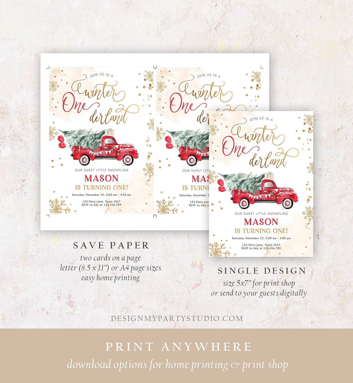Editable Winter Onederland First Birthday Invitation Red Truck Christmas Winter Gold Boy Minimalist Digital Download Template Printable 0495