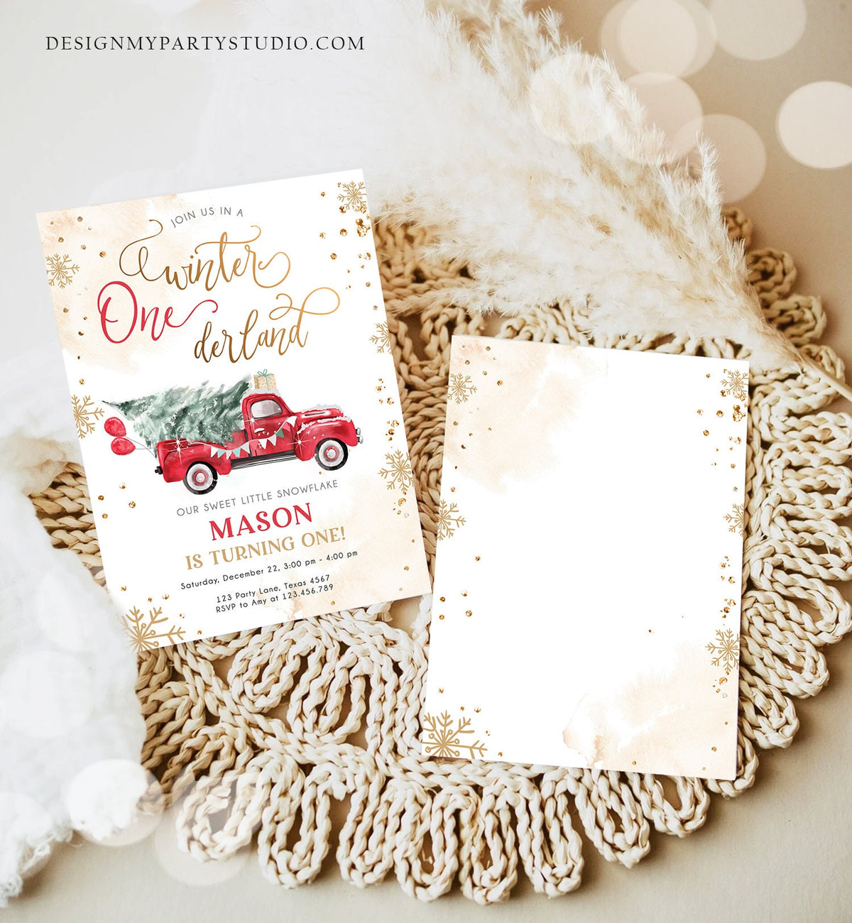 Editable Winter Onederland First Birthday Invitation Red Truck Christmas Winter Gold Boy Minimalist Digital Download Template Printable 0495