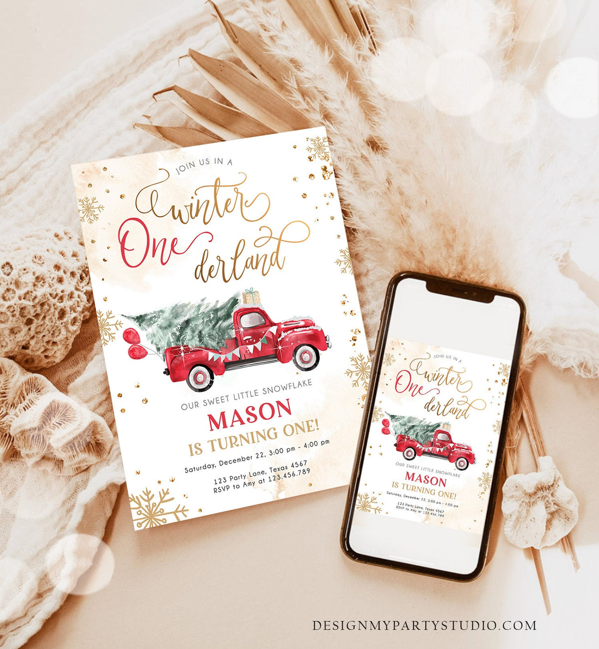 Editable Winter Onederland First Birthday Invitation Red Truck Christmas Winter Gold Boy Minimalist Digital Download Template Printable 0495