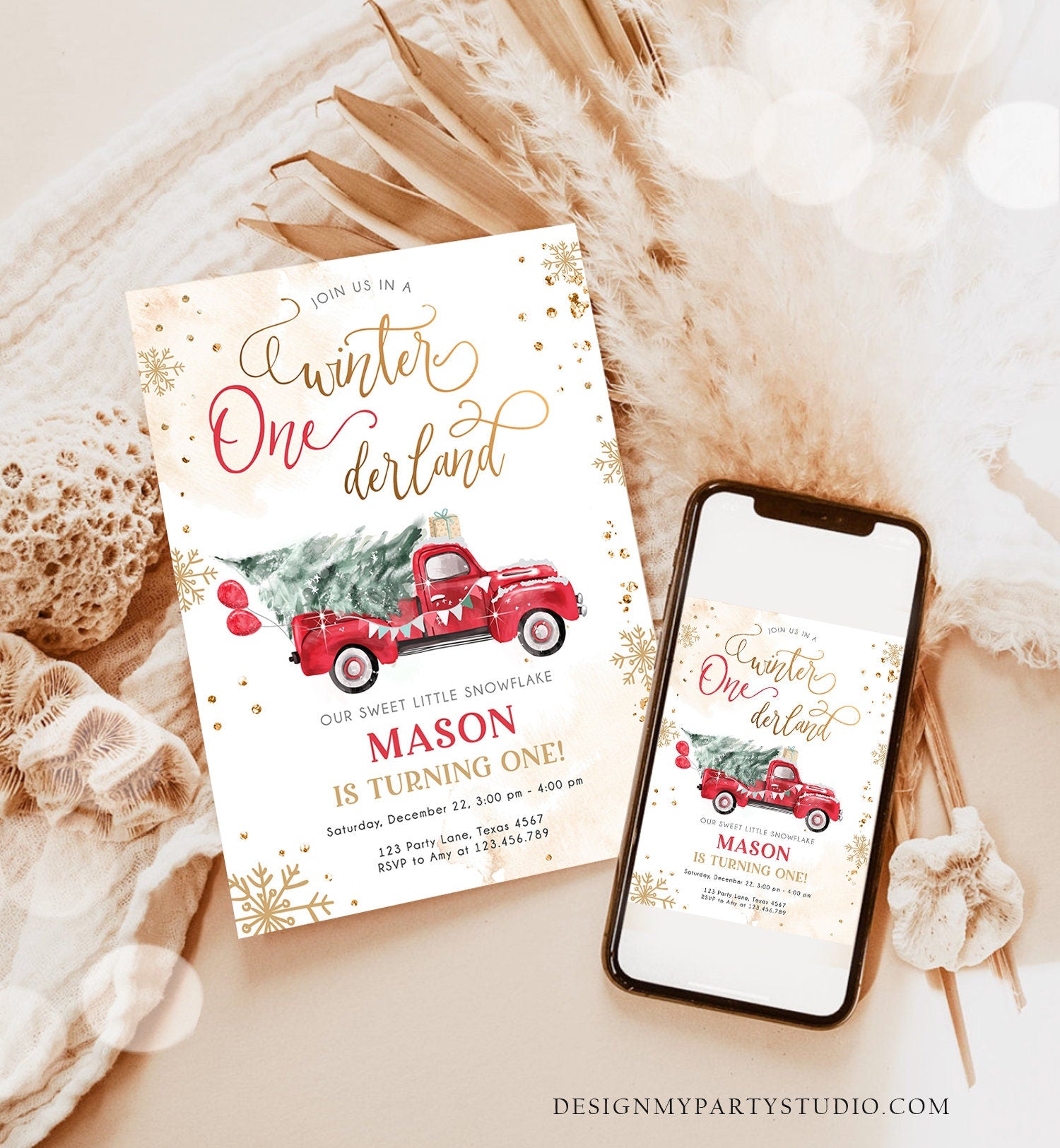 Editable Winter Onederland First Birthday Invitation Red Truck Christmas Winter Gold Boy Minimalist Digital Download Template Printable 0495