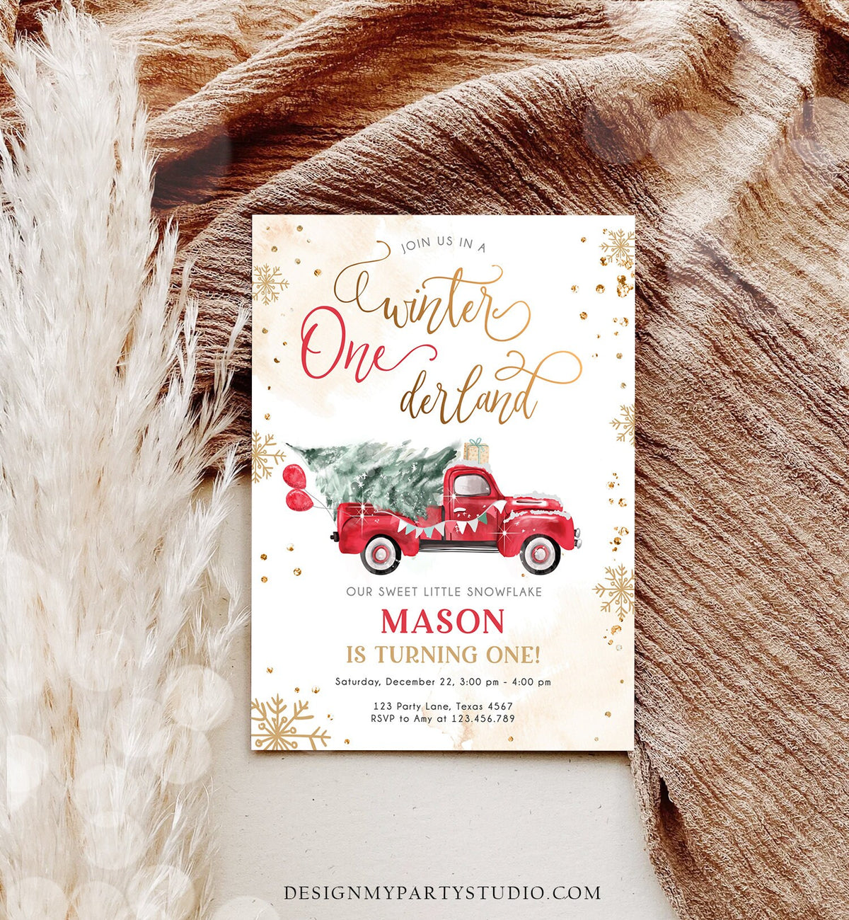 Editable Winter Onederland First Birthday Invitation Red Truck Christmas Winter Gold Boy Minimalist Digital Download Template Printable 0495