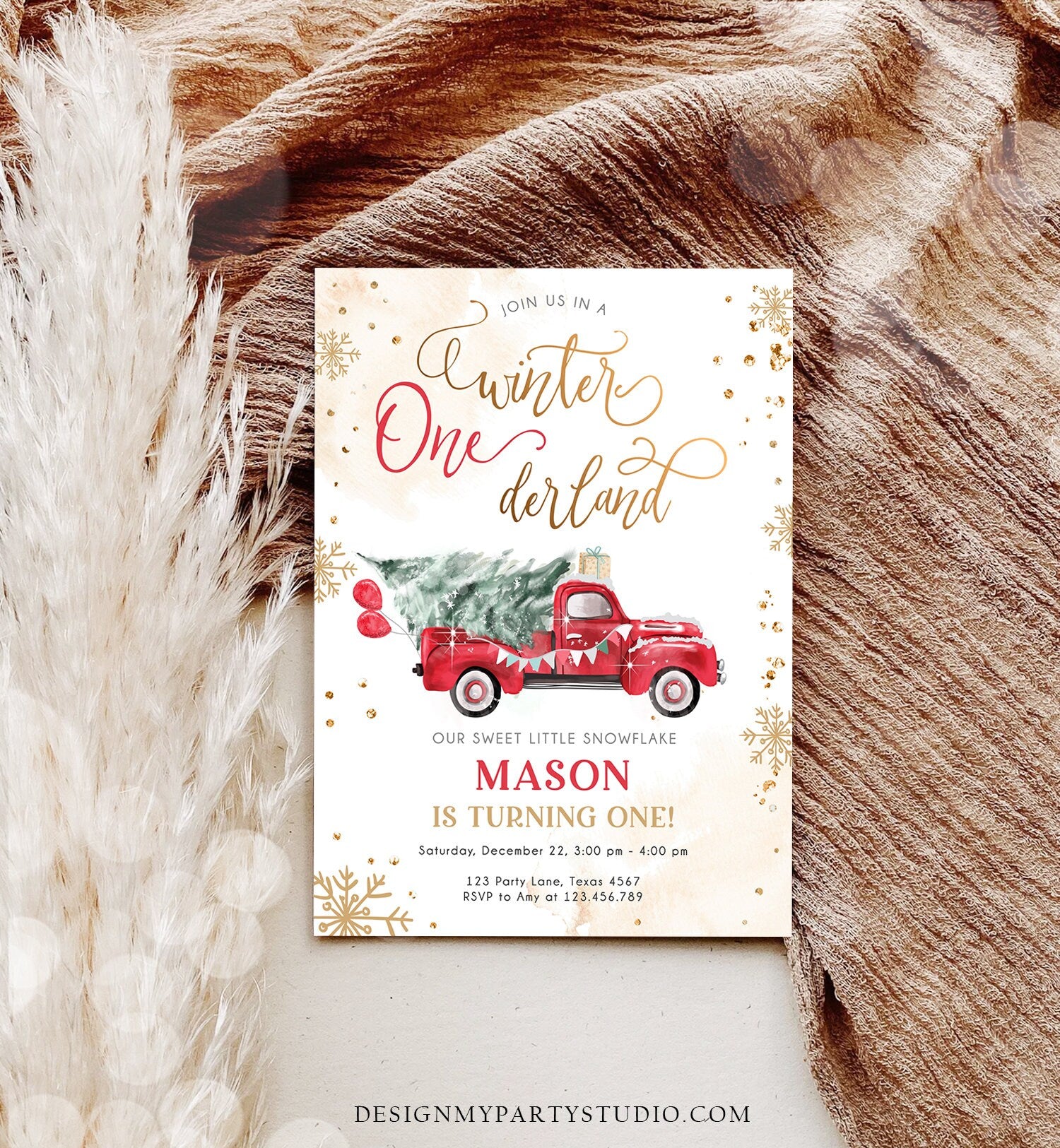 Editable Winter Onederland First Birthday Invitation Red Truck Christmas Winter Gold Boy Minimalist Digital Download Template Printable 0495