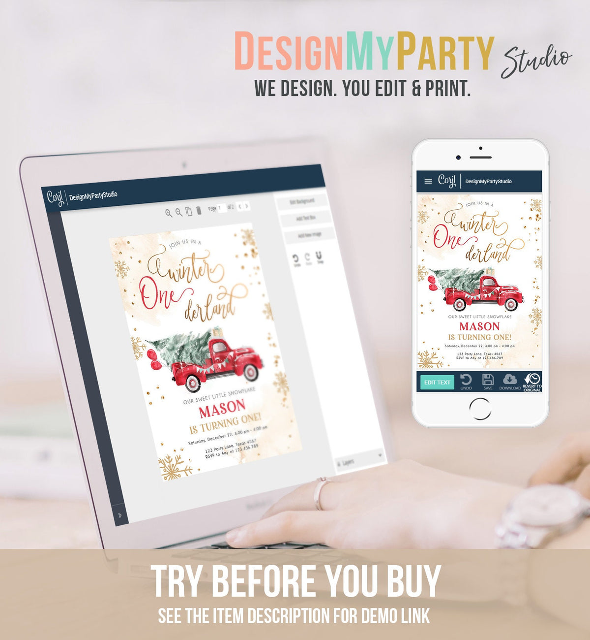 Editable Winter Onederland First Birthday Invitation Red Truck Christmas Winter Gold Boy Minimalist Digital Download Template Printable 0495