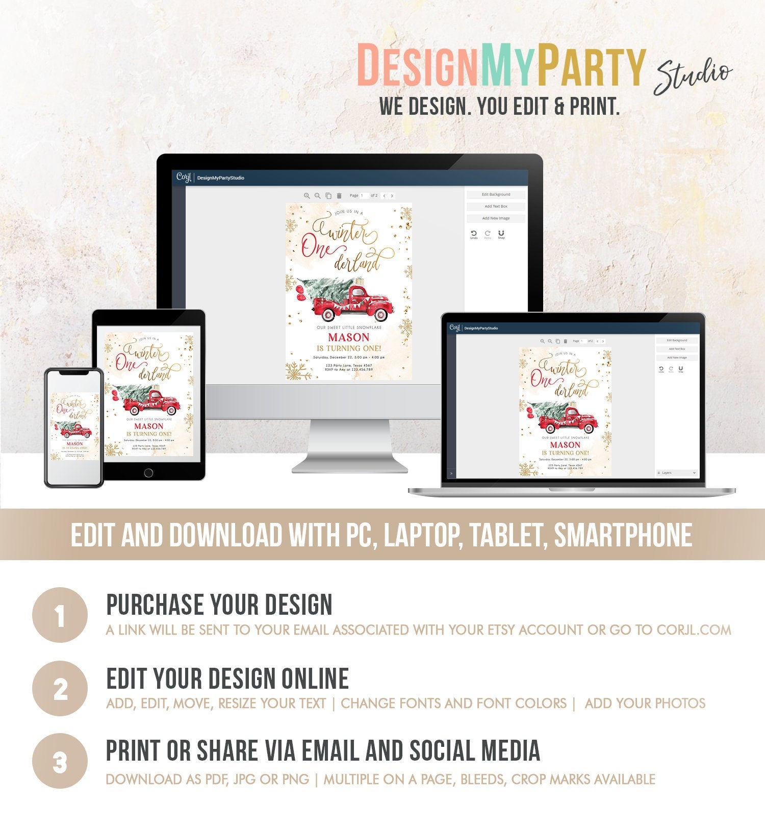 Editable Winter Onederland First Birthday Invitation Red Truck Christmas Winter Gold Boy Minimalist Digital Download Template Printable 0495