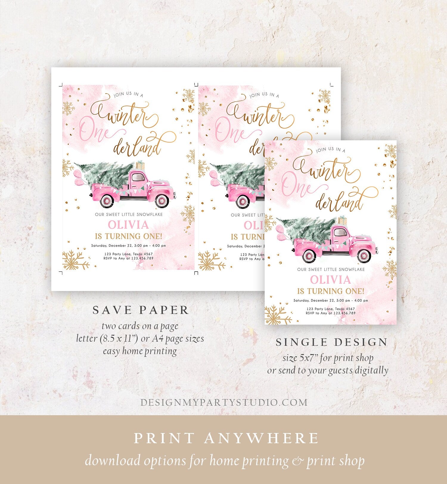 Editable Winter Onederland Winter First Birthday Invitation Christmas Winter Gold Pink Truck Girl Digital Download Template Printable 0495