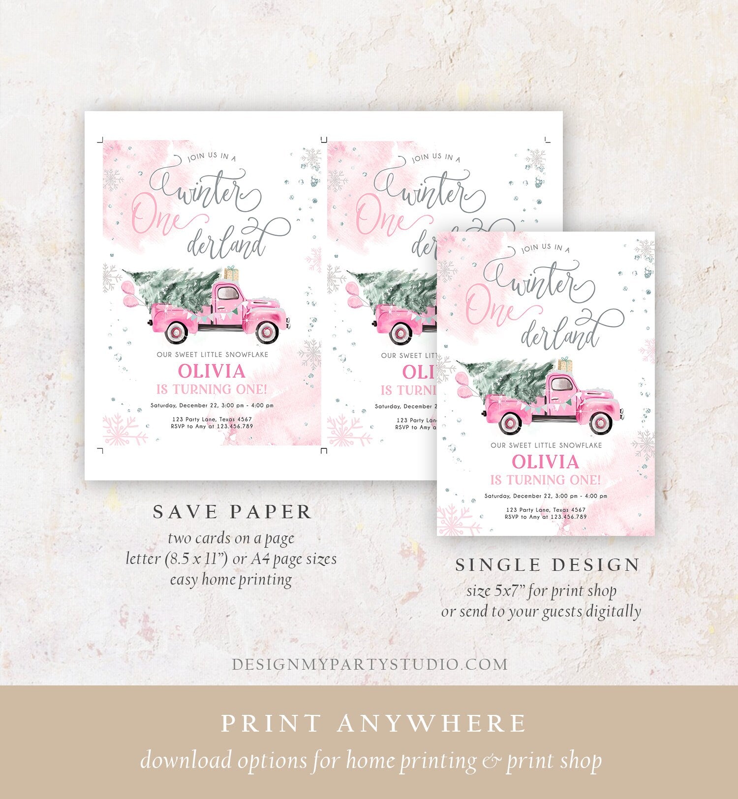 Editable Winter Onederland Winter First Birthday Invitation Christmas Winter Silver Pink Truck Girl Minimalist Template Printable 0495