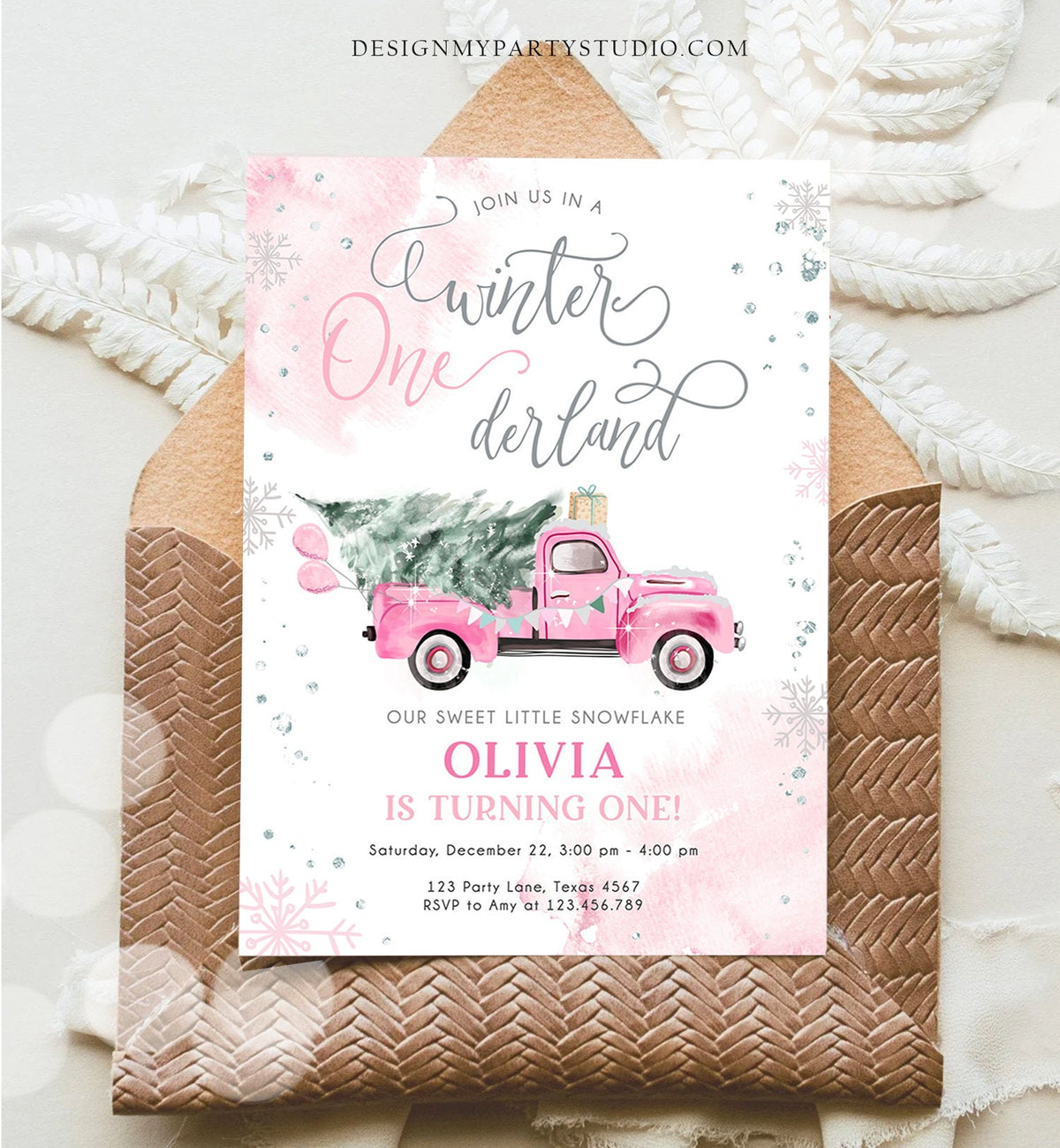 Editable Winter Onederland Winter First Birthday Invitation Christmas Winter Silver Pink Truck Girl Minimalist Template Printable 0495