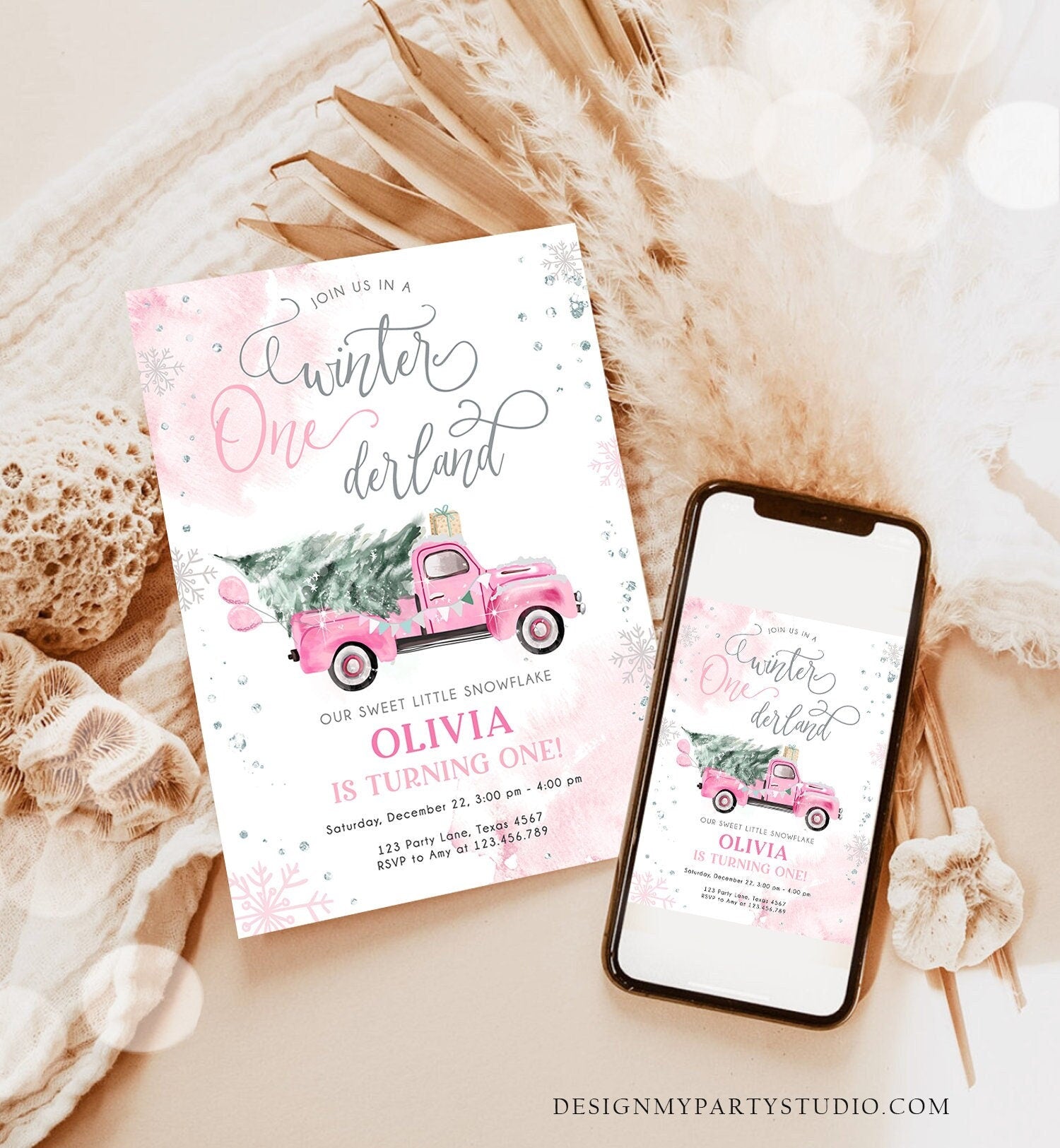 Editable Winter Onederland Winter First Birthday Invitation Christmas Winter Silver Pink Truck Girl Minimalist Template Printable 0495