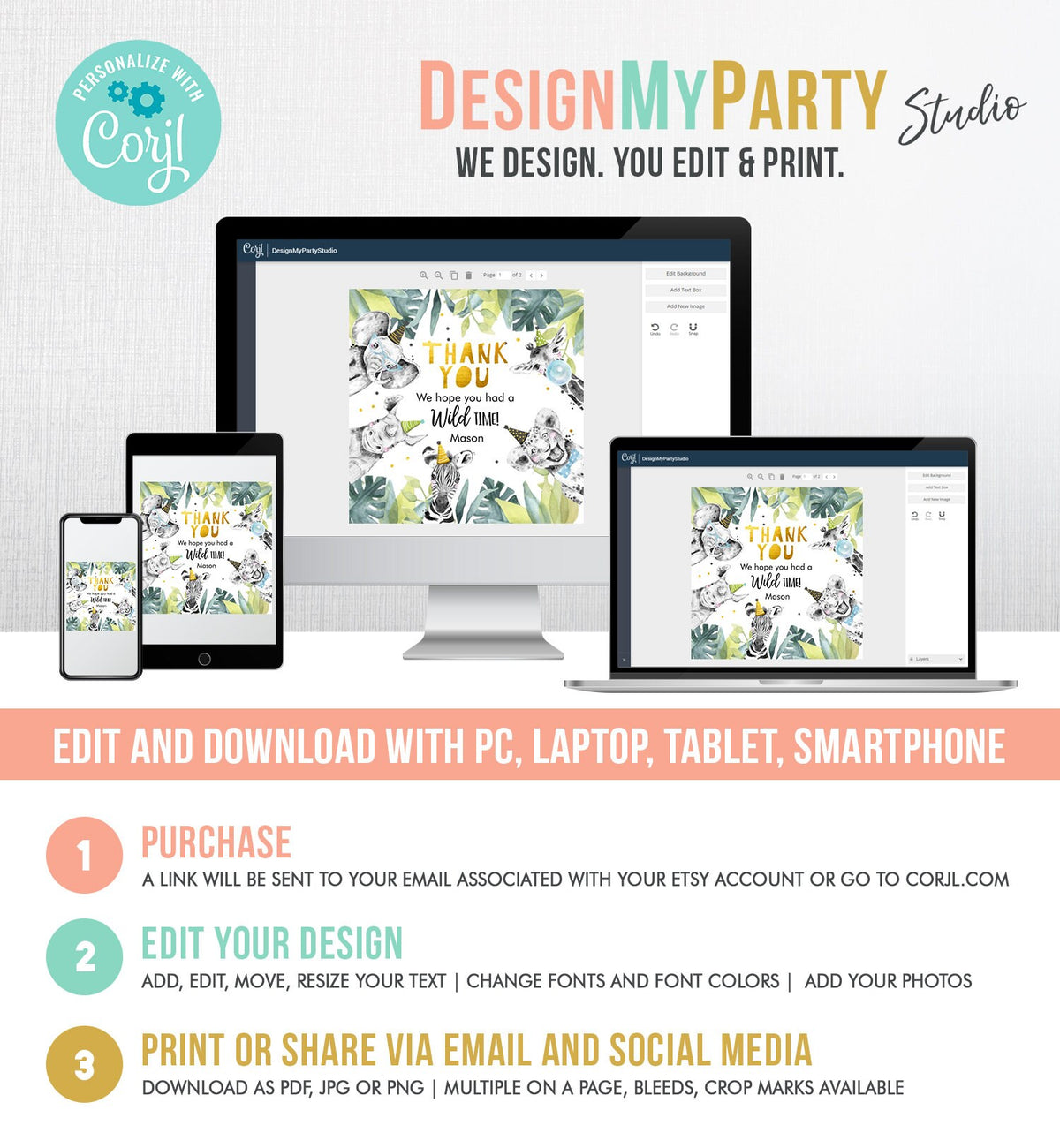 Editable Party Animals Favor Tags Wild One Animals Thank You Tag Safari Animals Zoo Birthday Wild Time Boy Stickers Template Digital 0322