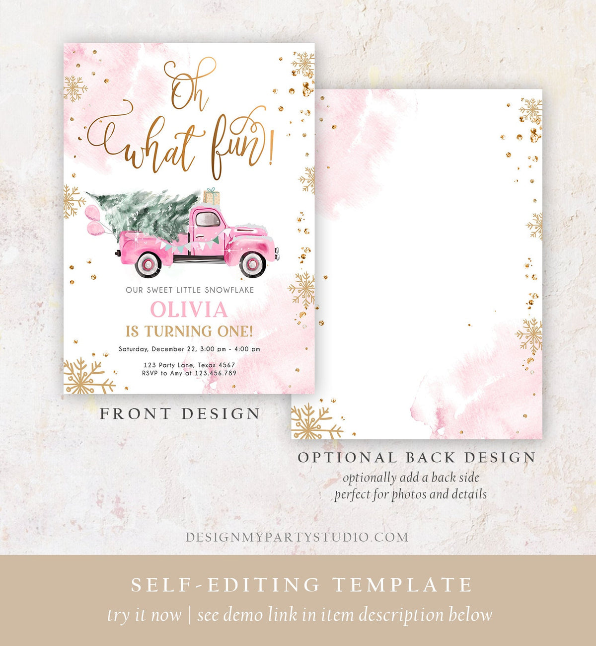 Editable Oh What Fun! Holiday 1st Winter Birthday Invitation Winter Truck Girl Christmas Party Pink Gold Digital Template Printable 0495