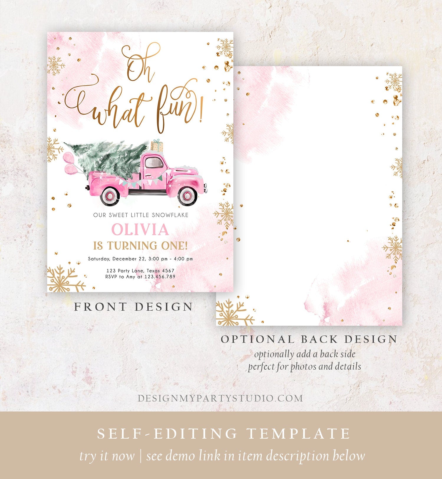 Editable Oh What Fun! Holiday 1st Winter Birthday Invitation Winter Truck Girl Christmas Party Pink Gold Digital Template Printable 0495