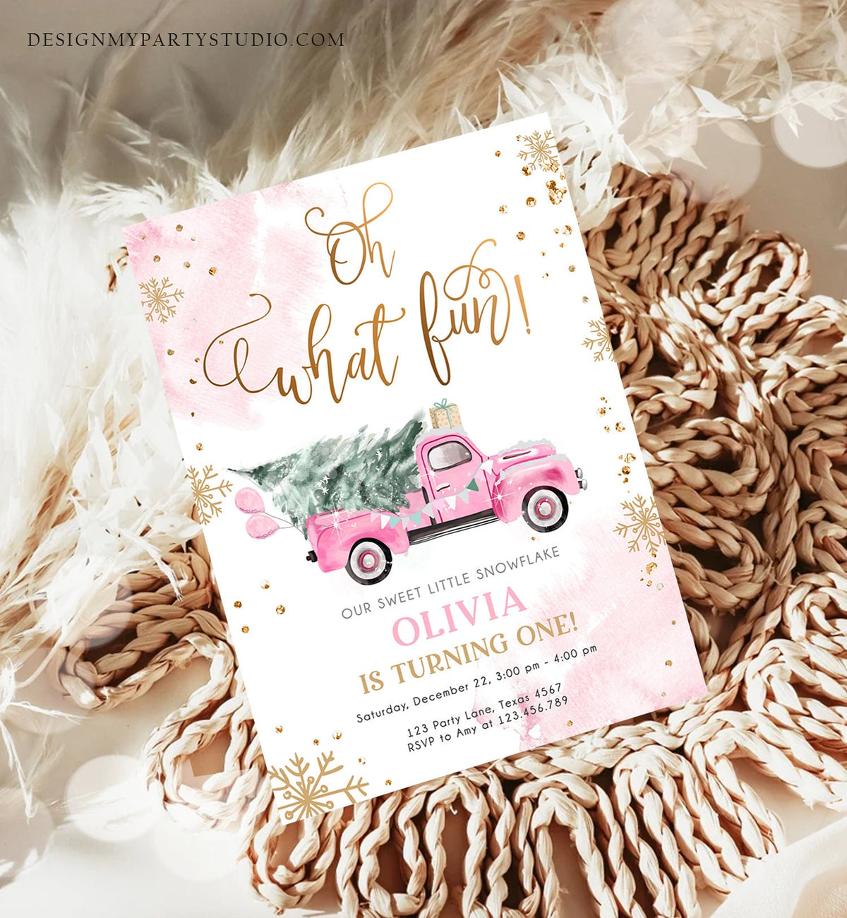 Editable Oh What Fun! Holiday 1st Winter Birthday Invitation Winter Truck Girl Christmas Party Pink Gold Digital Template Printable 0495
