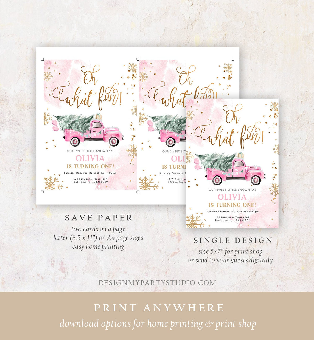 Editable Oh What Fun! Holiday 1st Winter Birthday Invitation Winter Truck Girl Christmas Party Pink Gold Digital Template Printable 0495
