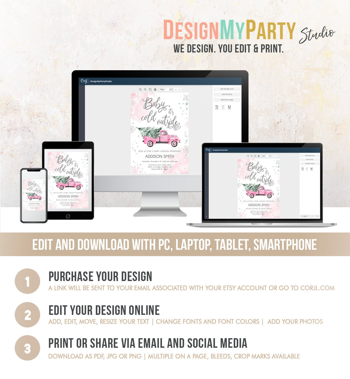 Editable Baby Its Cold Outside Baby Shower Invitation Winter Truck Pink Girl Baby Shower Silver Watercolor Digital Template Printable 0495