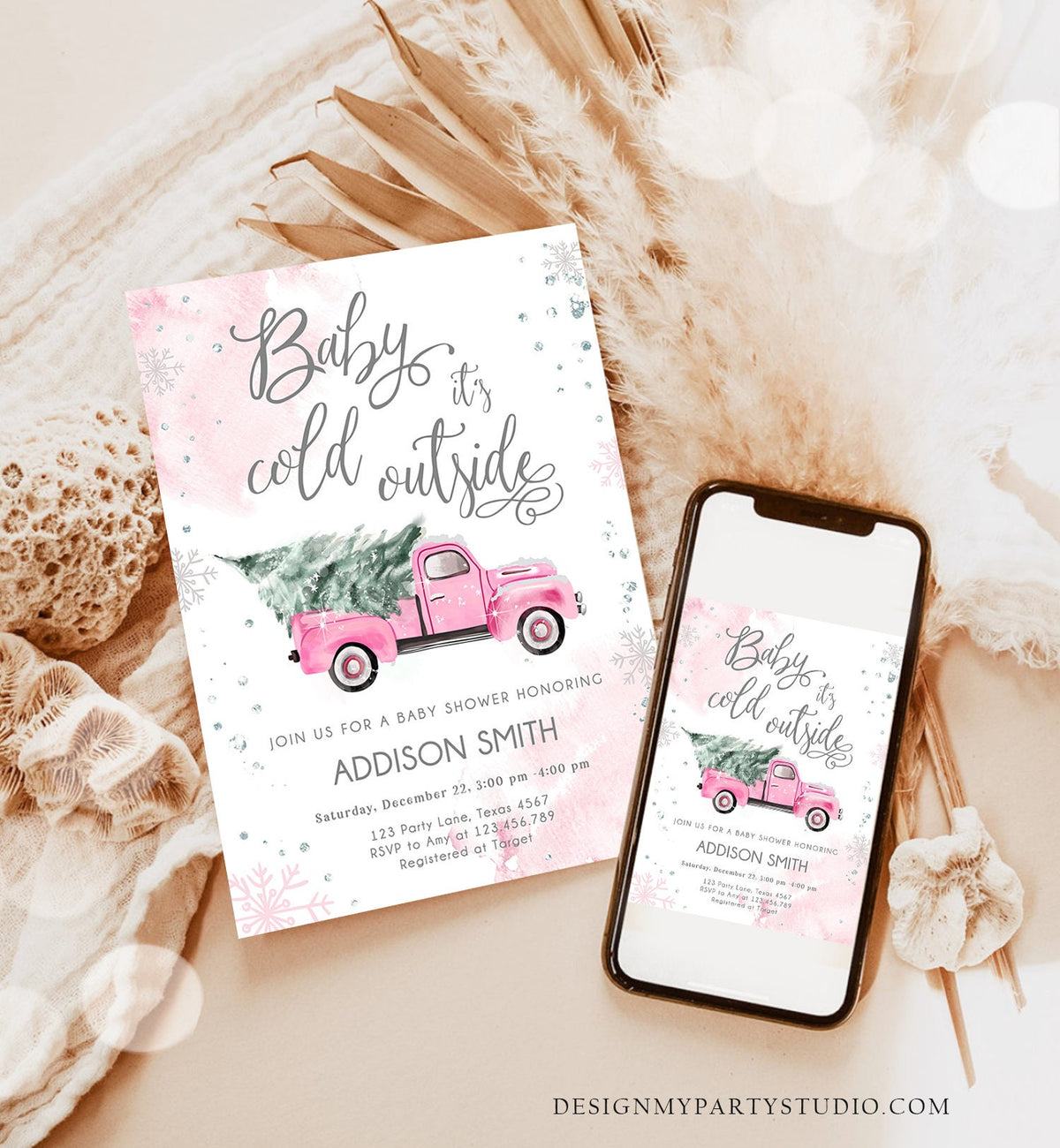 Editable Baby Its Cold Outside Baby Shower Invitation Winter Truck Pink Girl Baby Shower Silver Watercolor Digital Template Printable 0495