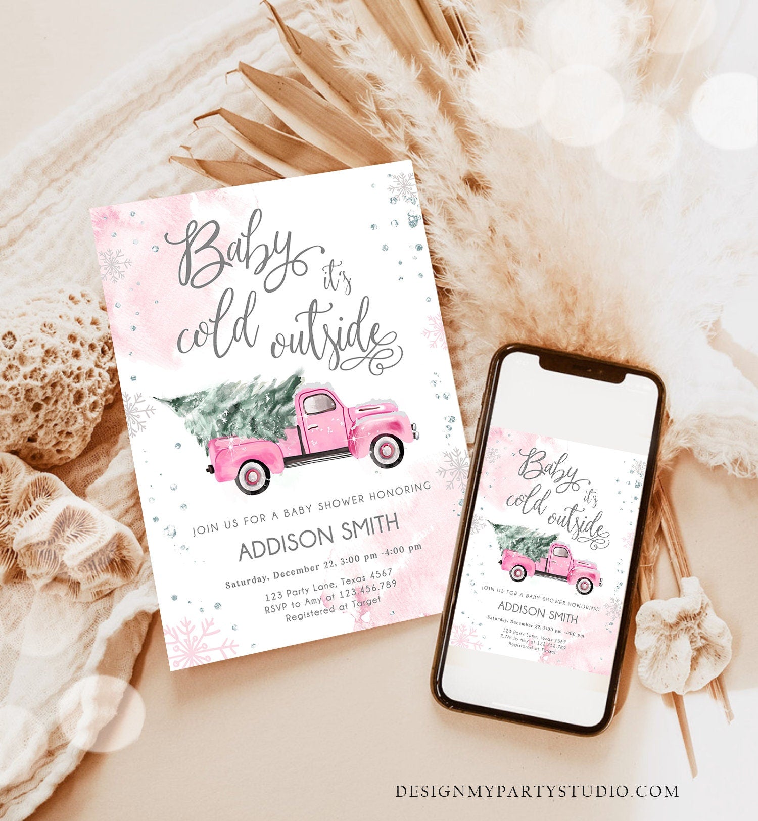 Editable Baby Its Cold Outside Baby Shower Invitation Winter Truck Pink Girl Baby Shower Silver Watercolor Digital Template Printable 0495
