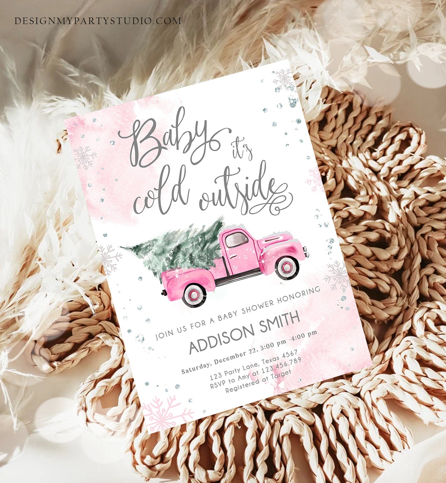 Editable Baby Its Cold Outside Baby Shower Invitation Winter Truck Pink Girl Baby Shower Silver Watercolor Digital Template Printable 0495