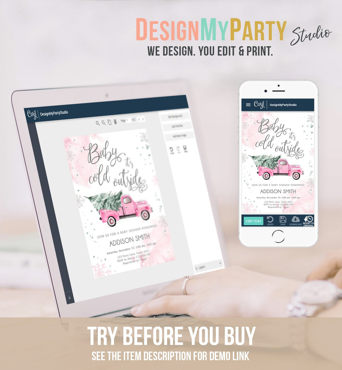 Editable Baby Its Cold Outside Baby Shower Invitation Winter Truck Pink Girl Baby Shower Silver Watercolor Digital Template Printable 0495