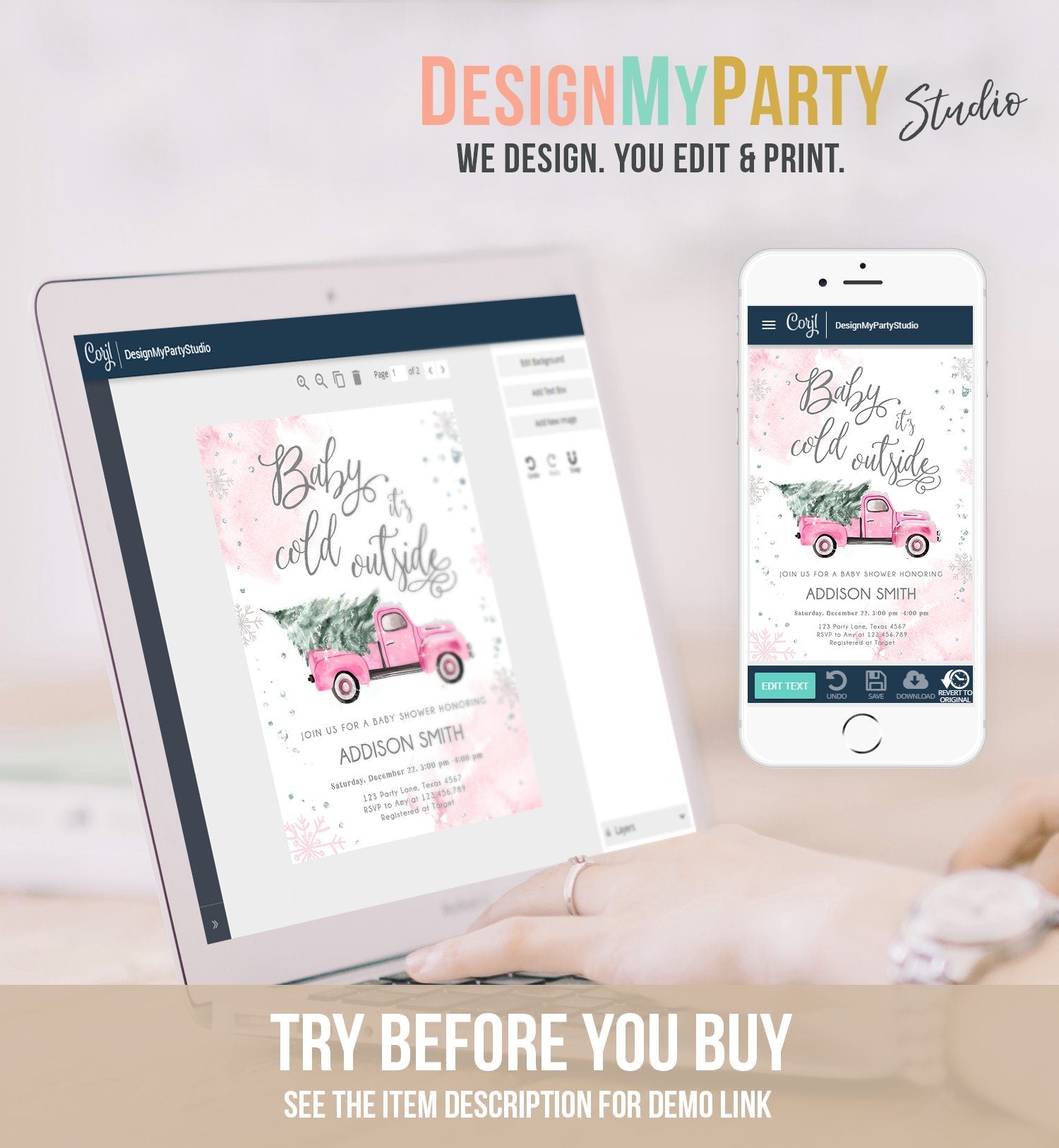 Editable Baby Its Cold Outside Baby Shower Invitation Winter Truck Pink Girl Baby Shower Silver Watercolor Digital Template Printable 0495