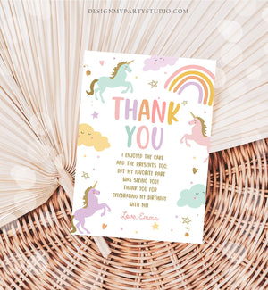 Editable Unicorn Thank You Card Magical Party Birthday Girl Pink Pastel First Digital Unicorn Party Template Rainbow Download Corjl 0426