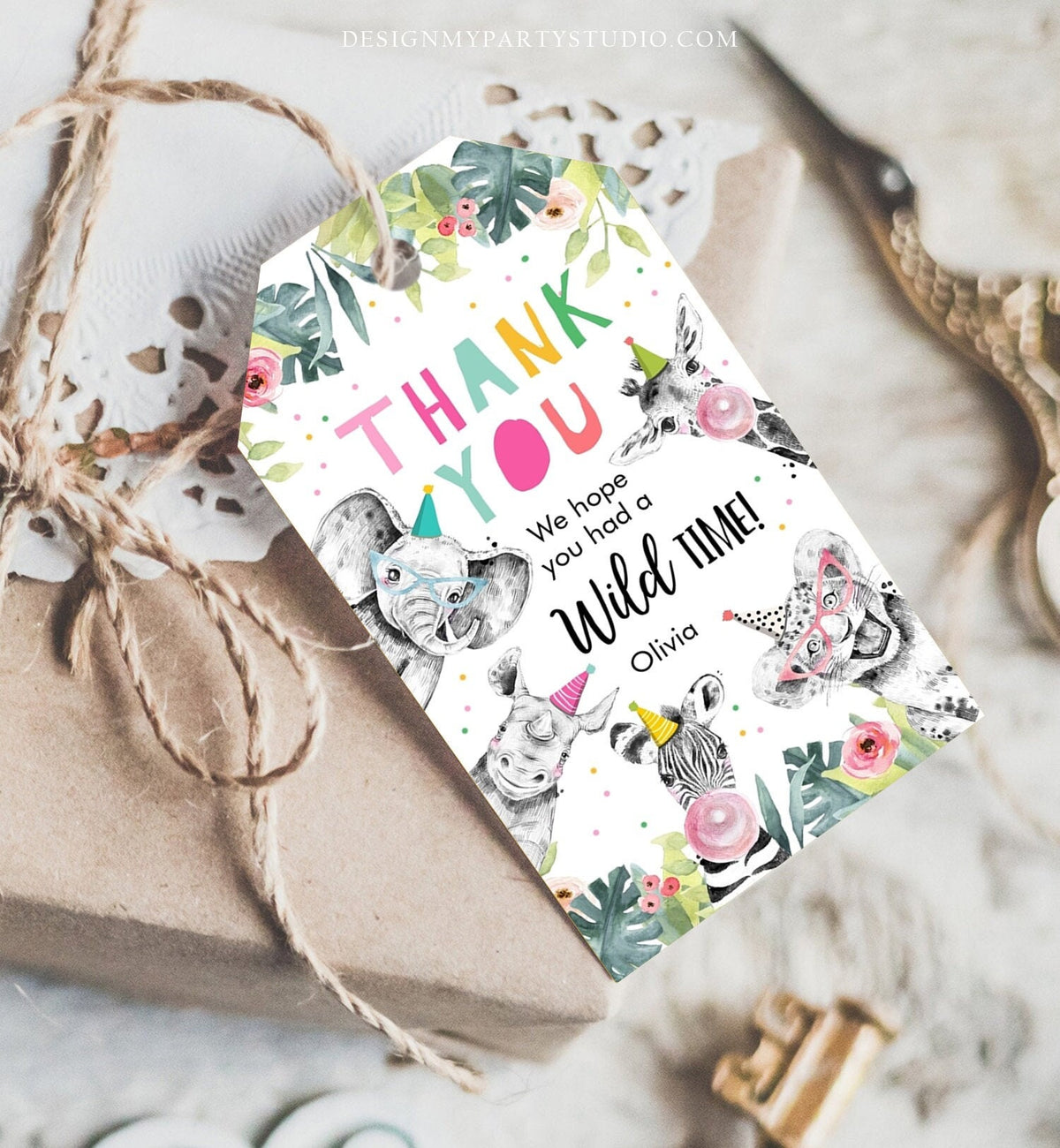 Editable Party Animals Favor Tags Wild One Animals Thank You Tags Safari Zoo Girl Birthday Wild Time Gift Tag Digital Corjl Template 0322