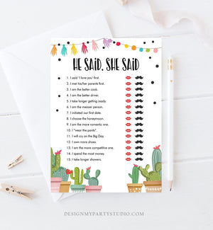 Editable He Said She Said Bridal Shower Game Cactus Fiesta Mexican Coed Shower Succulent Wedding Activity Corjl Template Printable 0254