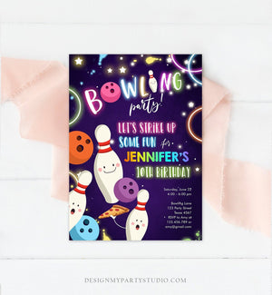 Editable Bowling Birthday Invitation Strike Up Some Fun Bowling Party Girl Pizza Rainbow Neon Instant Download Printable Template Corjl 0172