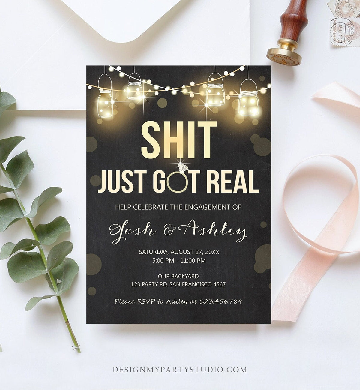 Editable Just Got Real Engagement Party Invitation Couples Shower Rustic Wood String Lights Chalk Download Corjl Template Printable 0015