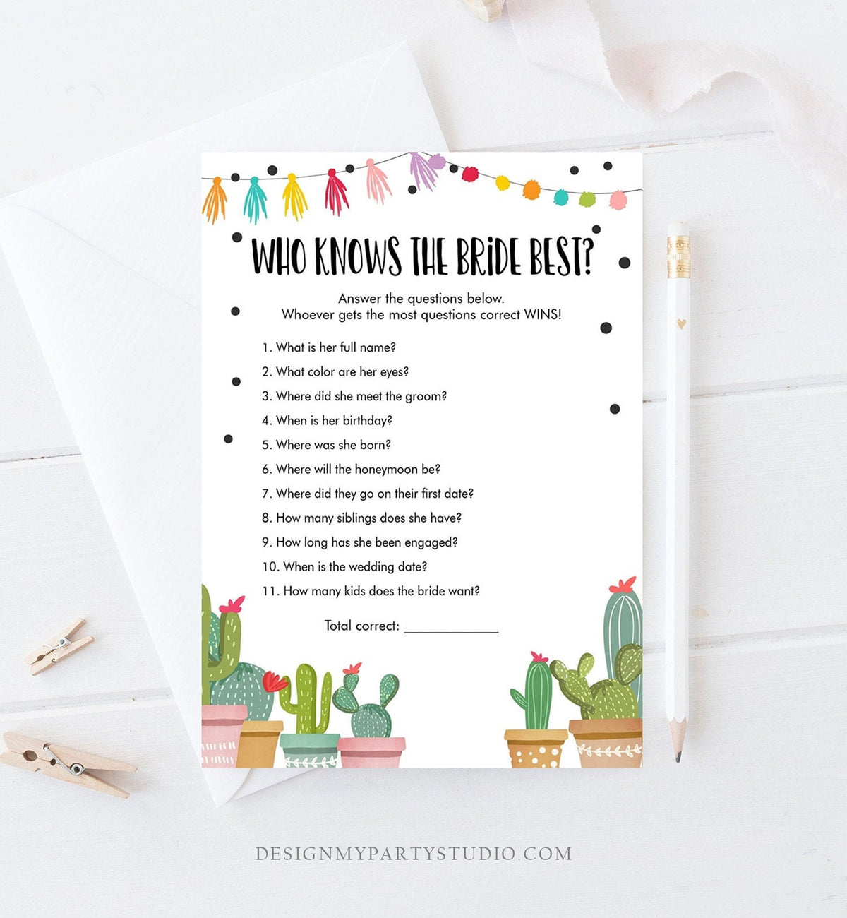 Editable Who Knows the Bride Best Bridal Shower Game Cactus Fiesta Mexican Coed Shower Game Wedding Activity Digital Template Printable 0254