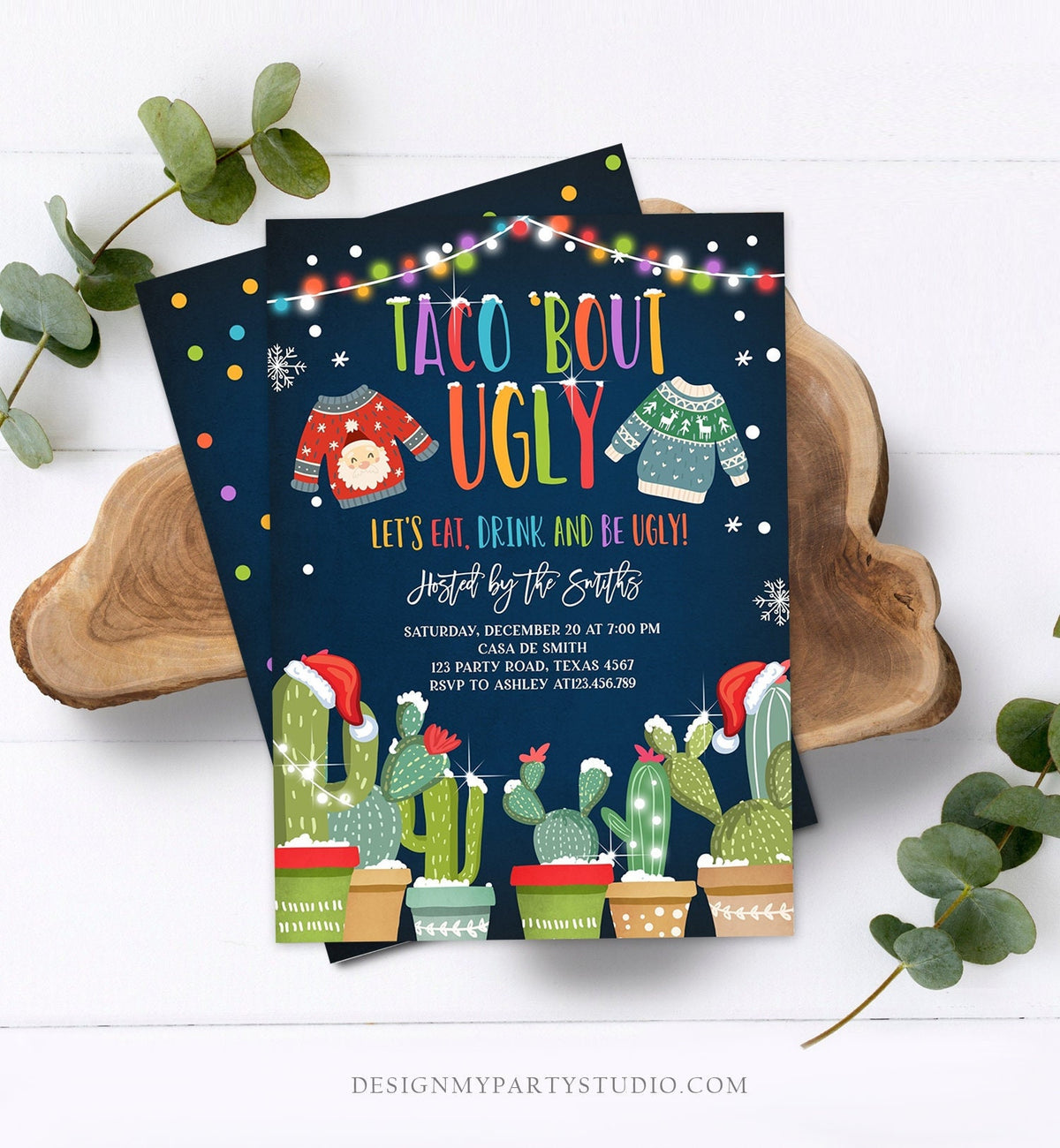Editable Taco Bout Ugly Sweater Christmas Invitation Fiesta Cactus Mexican Holiday Feliz Navidad Digital Evite Template Printable 0273
