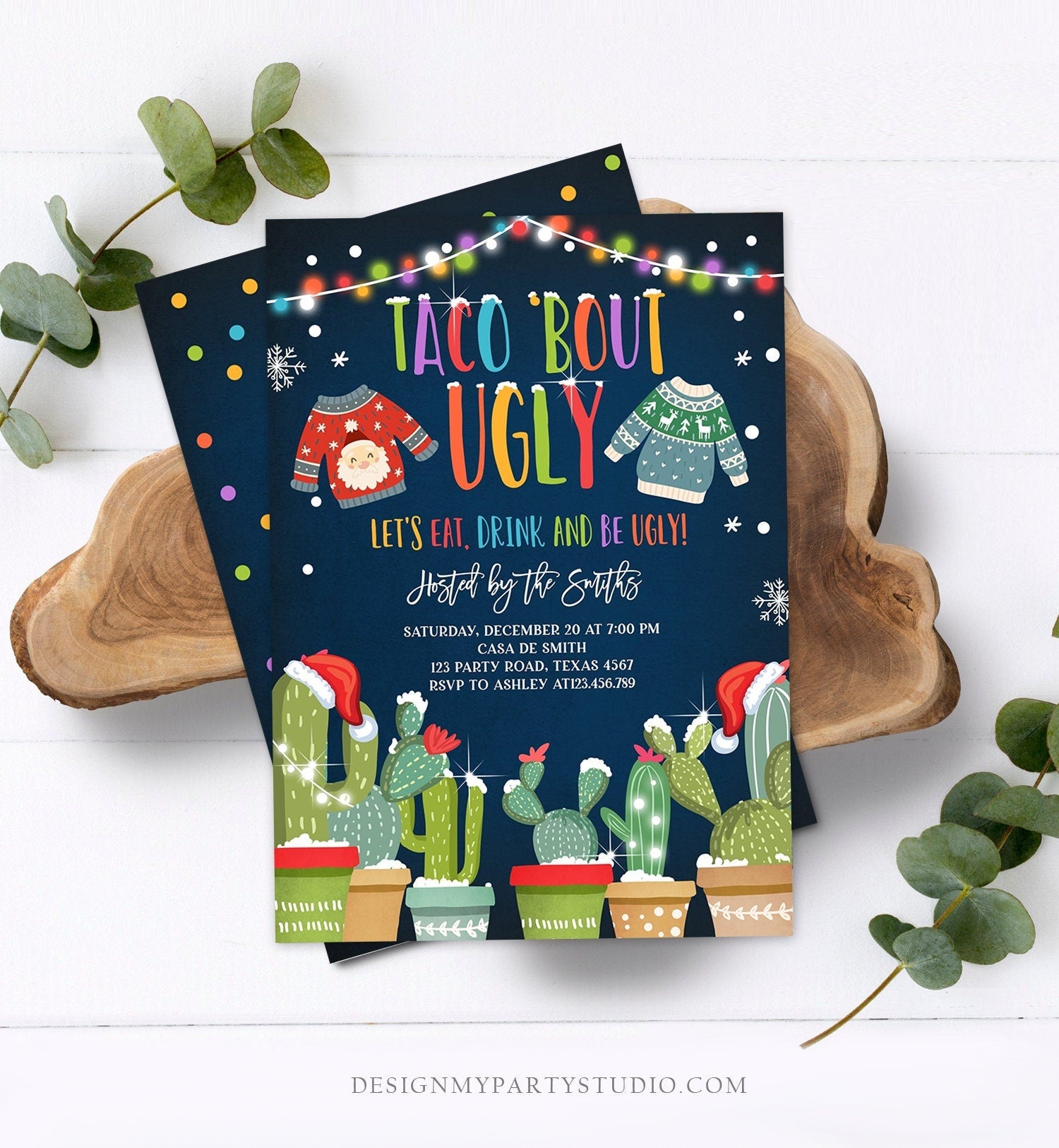 Editable Taco Bout Ugly Sweater Christmas Invitation Fiesta Cactus Mexican Holiday Feliz Navidad Digital Evite Template Printable 0273