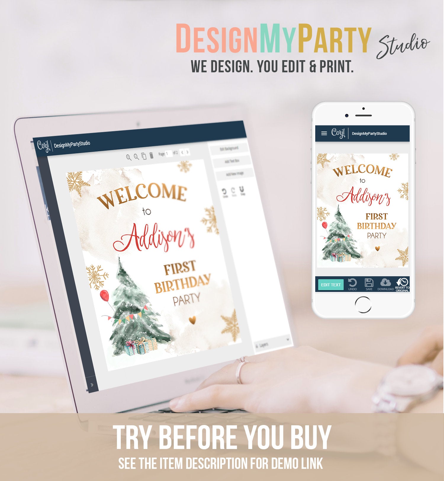Editable Winter Onederland Welcome Sign Christmas Tree Watercolor First Birthday Neutral Red Gold Snowflake Digital Template Printable 0363