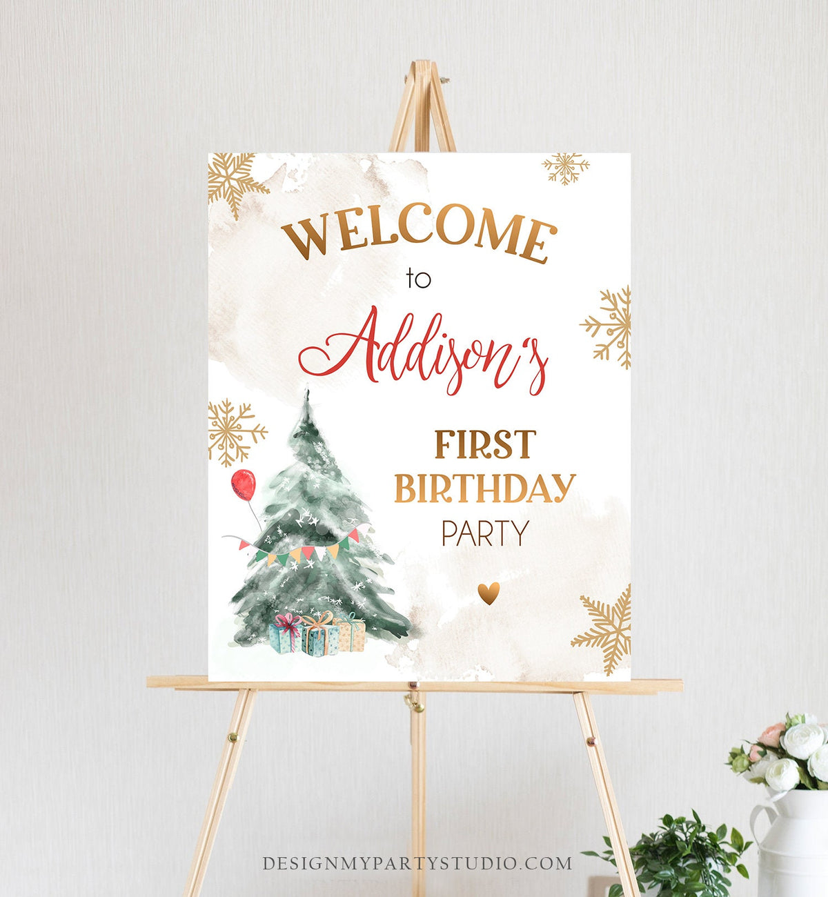 Editable Winter Onederland Welcome Sign Christmas Tree Watercolor First Birthday Neutral Red Gold Snowflake Digital Template Printable 0363