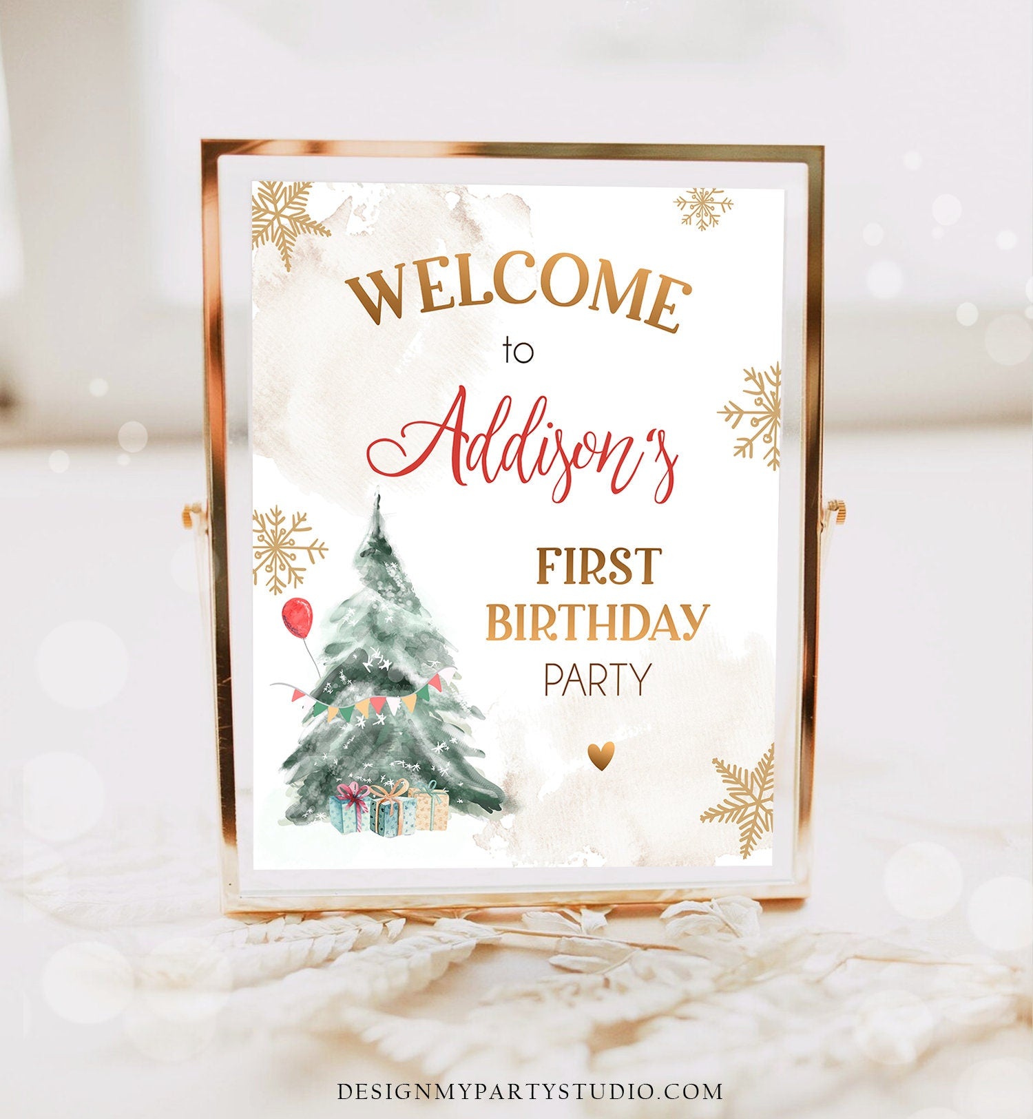 Editable Winter Onederland Welcome Sign Christmas Tree Watercolor First Birthday Neutral Red Gold Snowflake Digital Template Printable 0363