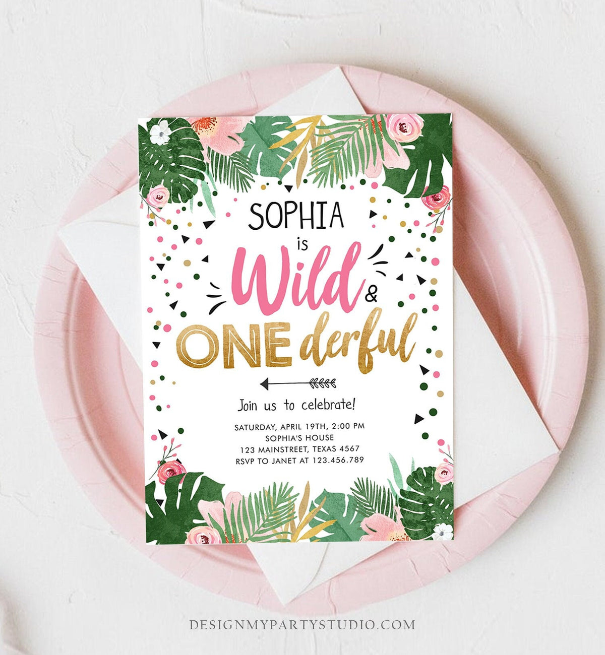 Editable Wild and Onederful Birthday Invitation Girl Wild One Safari Tropical Pink Gold Jungle First Birthday Evite Template Printable 0332