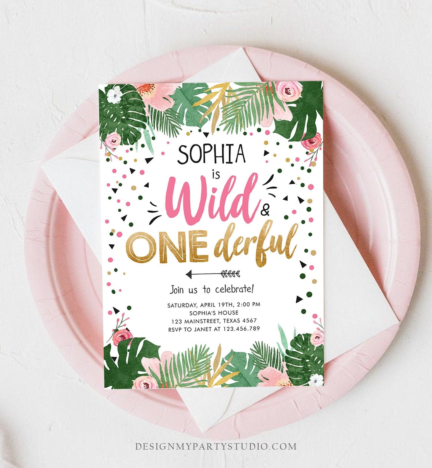 Editable Wild and Onederful Birthday Invitation Girl Wild One Safari Tropical Pink Gold Jungle First Birthday Evite Template Printable 0332