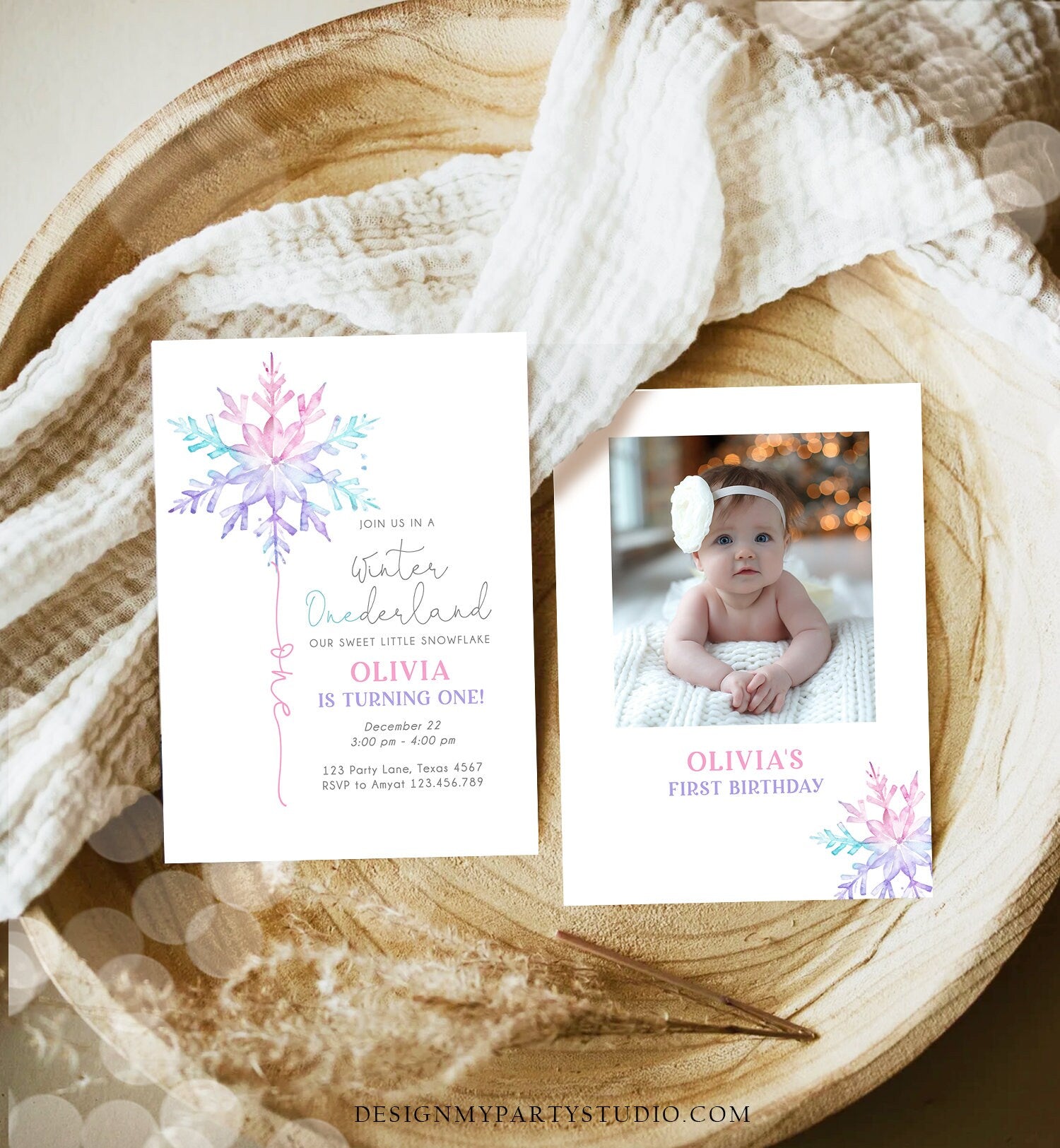 Editable Winter ONEderland Birthday Invitation First Birthday 1st Girl Pink Purple Snowflake Watercolor Digital Template Printable 0494