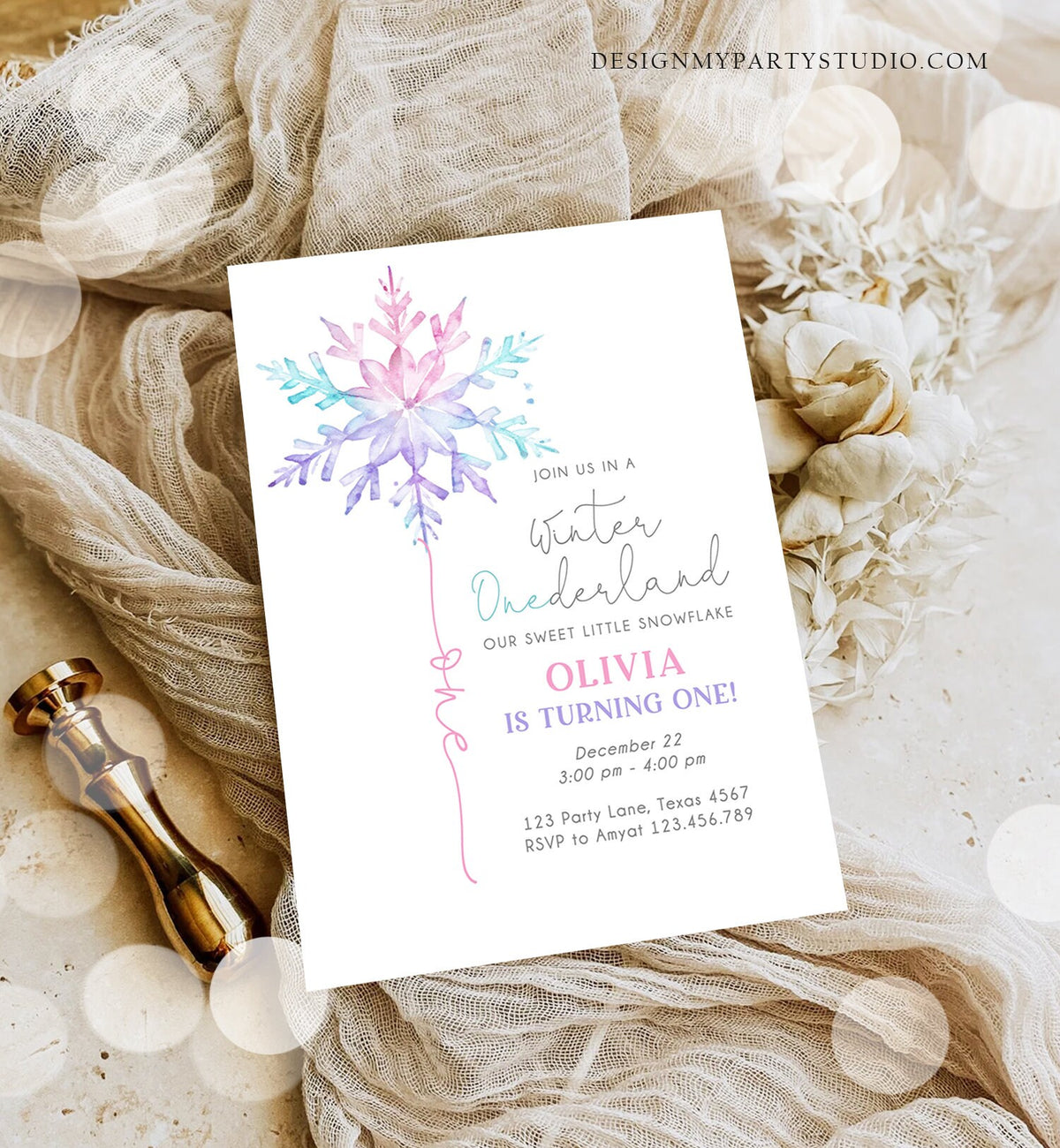 Editable Winter ONEderland Birthday Invitation First Birthday 1st Girl Pink Purple Snowflake Watercolor Digital Template Printable 0494